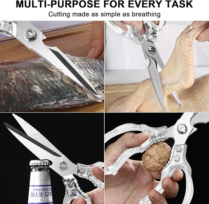 CGBE Kitchen Scissors, Multi-Purpose Kitchen Shears, Heavy Duty Food Scissors for Chicken, Poultry, Fish, Meat & Herbs with Non-Slip Grips (Transparent) - Image 5