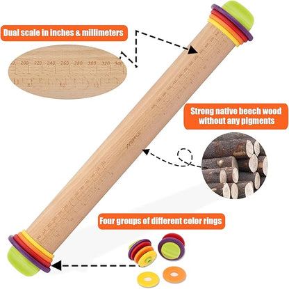 Rolling Pin with Thickness Rings for Baking,Fondant, Pizza, Pie Crust, Cookie, Pastry, Roller Rod for Dough Thickness, 13.6" Adjustable Wooden Rolling Pin with 4 Thickness Rings - Image 6
