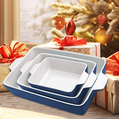 Casserole Dishes for Oven, Ceramic Baking Dishes, Lasagna Pan with Handles, Porcelain Baking Pan Deep, Bakeware for Baking, Cooking, Wedding Gift, Set of 3 (11.6" x 7.8", Dark Blue) - Image 2