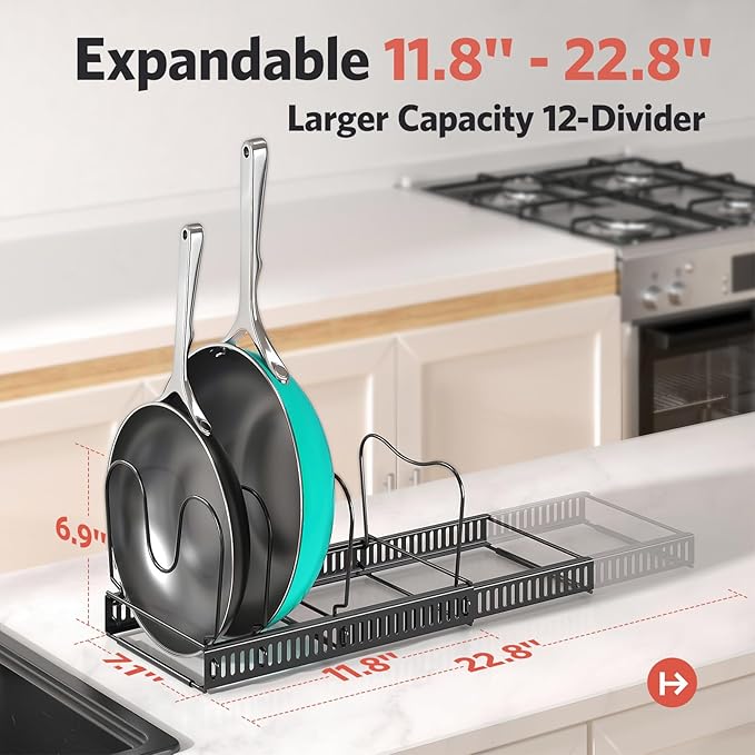 ORDORA Pots and Pans Organizer Under Cabinet, Expandable 11.8"-22.8" Pot Lid Holder with 14 Adjustable Dividers, Pan Organizers inside Cabinet for Kitchen Cookware Bakeware, Black - Image 3