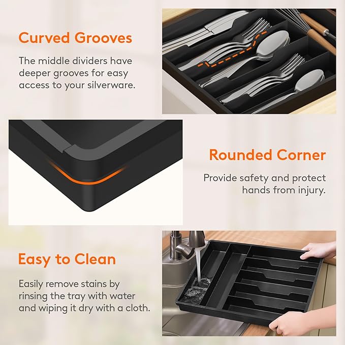 Lifewit Silverware Drawer Organizer Tray, Plastic Cutlery Storage for Kitchen, Flatware and Utensil Holder Divider for Spoons Forks Knives Tableware, 12.3 x 16", 7 Slots, Black - Image 7