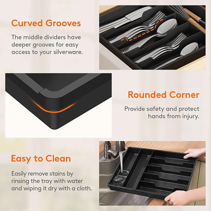 Lifewit Silverware Drawer Organizer Tray, Plastic Cutlery Storage for Kitchen, Flatware and Utensil Holder Divider for Spoons Forks Knives Tableware, 12.3 x 16", 7 Slots, Black - Image 7