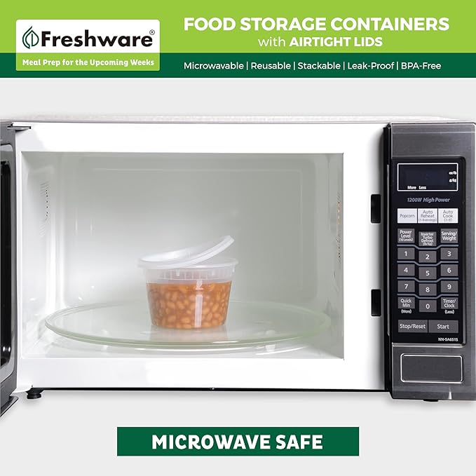 Freshware 48 Pack of 16 and 32 oz, 24 sets each size Food Storage Containers with Lids, Plastic Deli Containers, Meal Prep Containers, Microwave and Freezer Safe, Stackable, Leakproof, BPA Free, Clear - Image 5