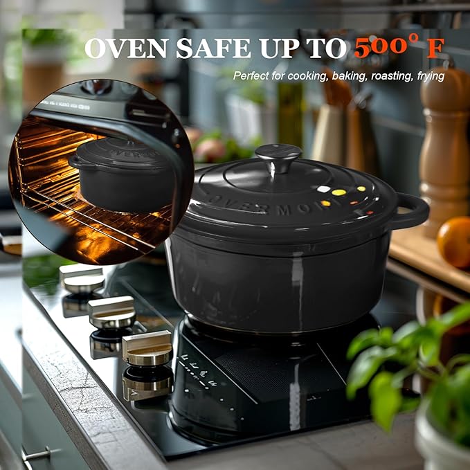 Overmont Enameled Cast Iron Dutch Oven - 5.5QT Pot with Lid Cookbook & Cotton Potholders - Heavy-Duty Cookware for Braising, Stews, Roasting, Sourdough Baking Graphite Gray - Image 5
