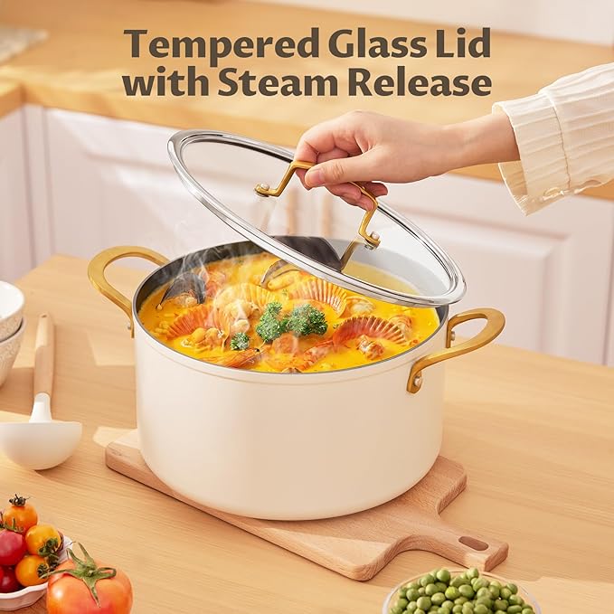 BEZIA 8 Quart Ceramic Stock Pot, Non Toxic Soup Pots with Lid, Non Stick Pot with Stainless Steel Handle, Compatible With Most Cooktops, Even Heat Distribution, Perfect for Soups & Stews, Cream - Image 4