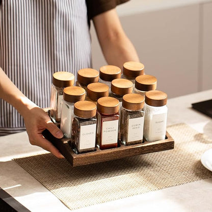 Yangbaga 24Pcs Glass Spice Jars with Labels-4oz Acacia Wood Lid Square Spice Containers and 2pcs Rack with Pepper Grinder Lids &Funnel,Seasoning Jars for Rack Cabinet Drawer - Image 5