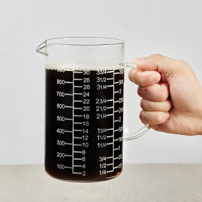 Ackers Mirror Etching Scale Glass Measuring Cup-[Insulated handle | V-Shaped Spout]-Made of High Borosilicate Glass Measuring Cup for Kitchen or Restaurant, Easy to Read, 1000 ML (32 Oz, 4 Cup) by AckersBORO33