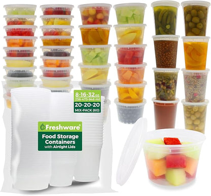 Freshware Food Storage Containers with Lids [60 Pack 8, 16, 32 oz, 20 sets each size] Plastic Deli Containers, Meal Prep Containers, Microwave and Freezer Safe, Stackable, Leakproof, BPA Free, Clear by Freshware