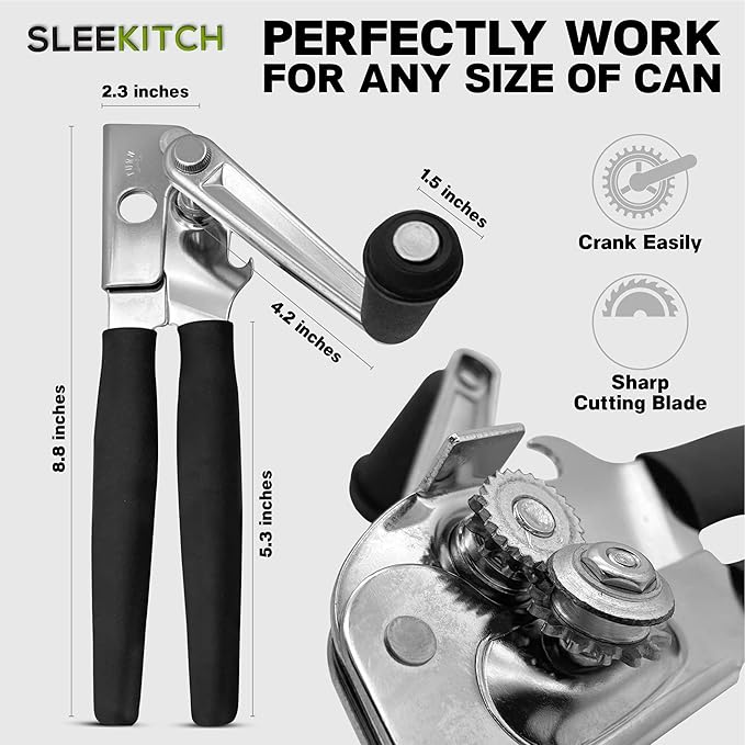 Commercial Can Opener Manual Heavy Duty, Hand Crank Can Opener, Large Handheld Can Opener Easy for Big Cans, Swing Grip Design, Manual Can Opener with Comfortable Easy Crank Handle,Black