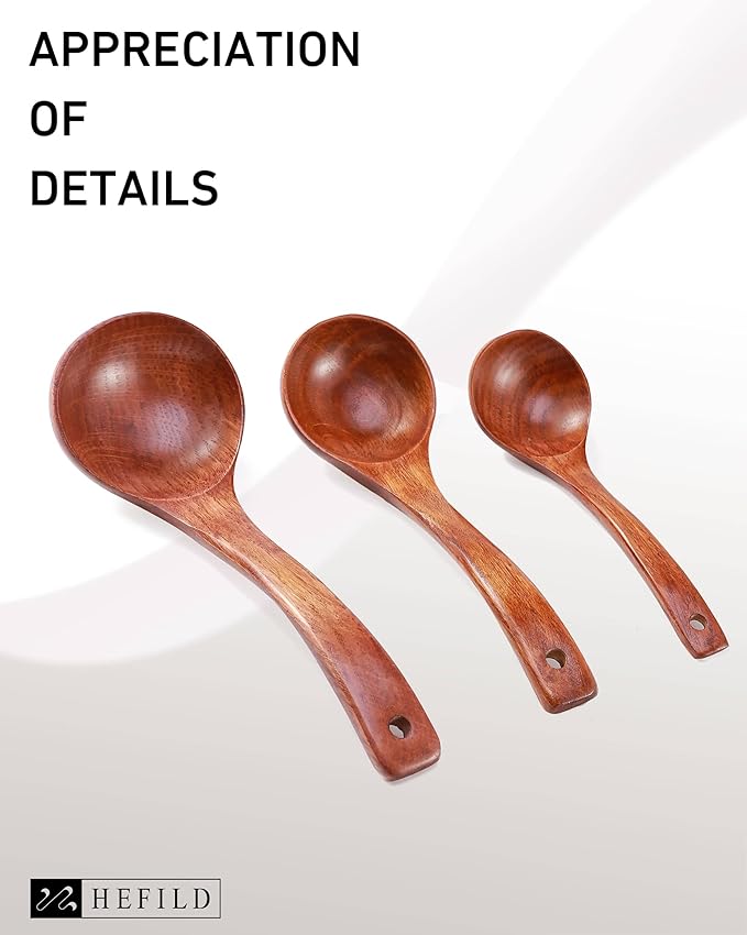 Wooden Ladles Set of 3 – Wood Ladles for Serving Soups and Stews, Includes 3oz, 2oz, 0.9oz – Soup Spoons and Large Kitchen Spoons for Cooking and Stirring