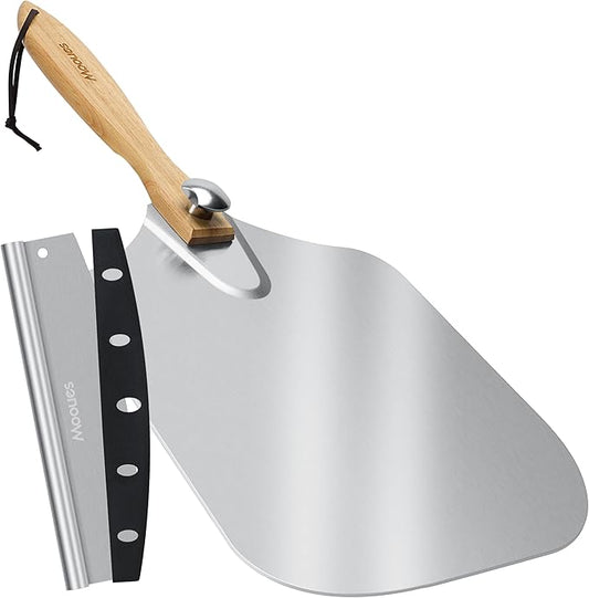 Pizza Peel Aluminum Pizza Spatula,17 inch Metal Pizza Paddle(12"x 17") with Rocker Cutter Foldable Wood Handle, [Storage bag included], for Family Pizza Oven Baking Pizza, Dough, Bread & Pastry by Mooues