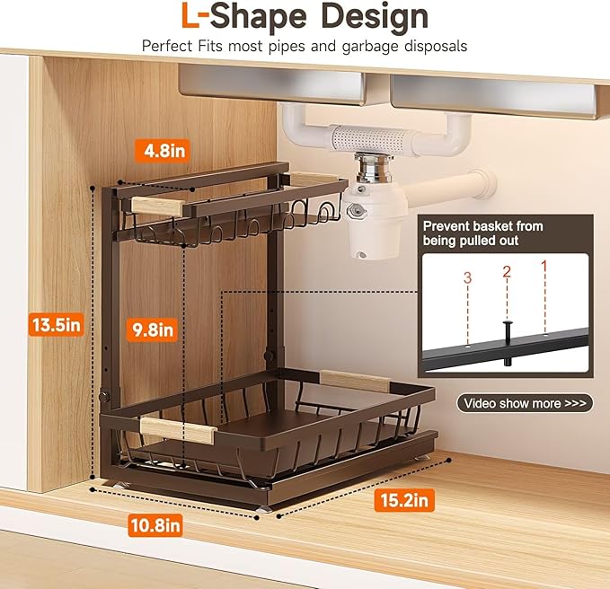 Sevenblue 2 Packs Under Sink Organizer, Height Adjustable 2 Tier Under Kitchen Sink Organizer, Multi-Purpose Storage Shelf for Kitchen Bathroom Cabinet (Brown, Extra Large) - Image 2