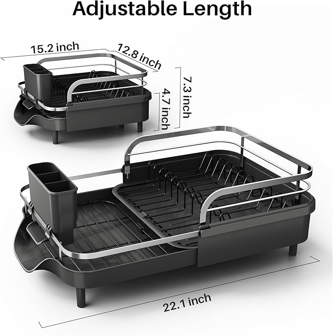 SNTD Dish Drying Rack, Expandable Dish Rack for Kitchen Counter, Stainless Steel Dish Drainer with Drainboard Set and Utensil Holder (Black) - Image 2