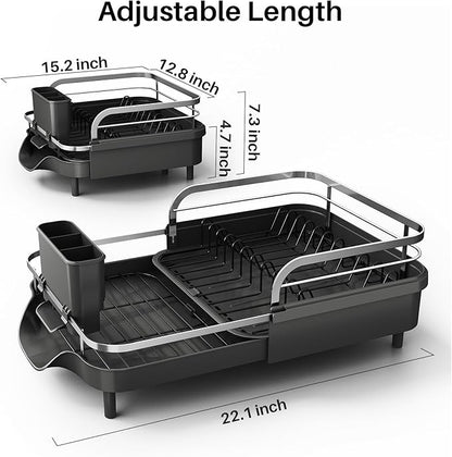 SNTD Dish Drying Rack, Expandable Dish Rack for Kitchen Counter, Stainless Steel Dish Drainer with Drainboard Set and Utensil Holder (Black) - Image 2