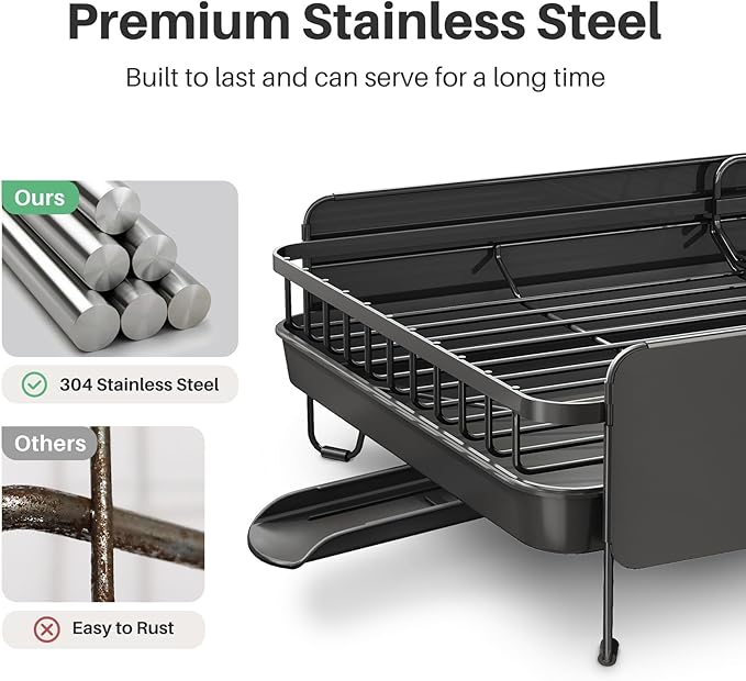 SNTD Large Dish Drying Rack - Expandable (19.3" to 29.4") Dish Rack for Kitchen Counter, Stainless Steel Dish Drainer with Utensil Holder, Pan Holder & Pot Lid Holder (Black) - Image 5