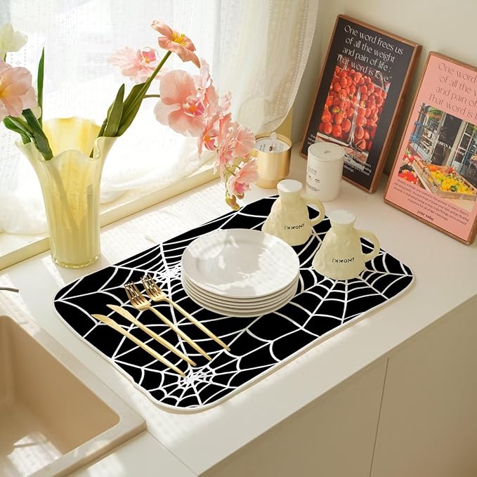Halloween Spiderweb Dish Drying Mat 18 x 24 inch Halloween Scary Themed Black White Spider Web Decorative Drying Mats Microfiber Absorbent Dish Washable Draining Mat for Kitchen Counter