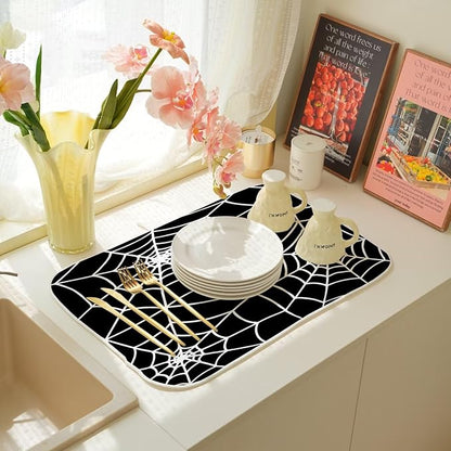 Halloween Spiderweb Dish Drying Mat 18 x 24 inch Halloween Scary Themed Black White Spider Web Decorative Drying Mats Microfiber Absorbent Dish Washable Draining Mat for Kitchen Counter