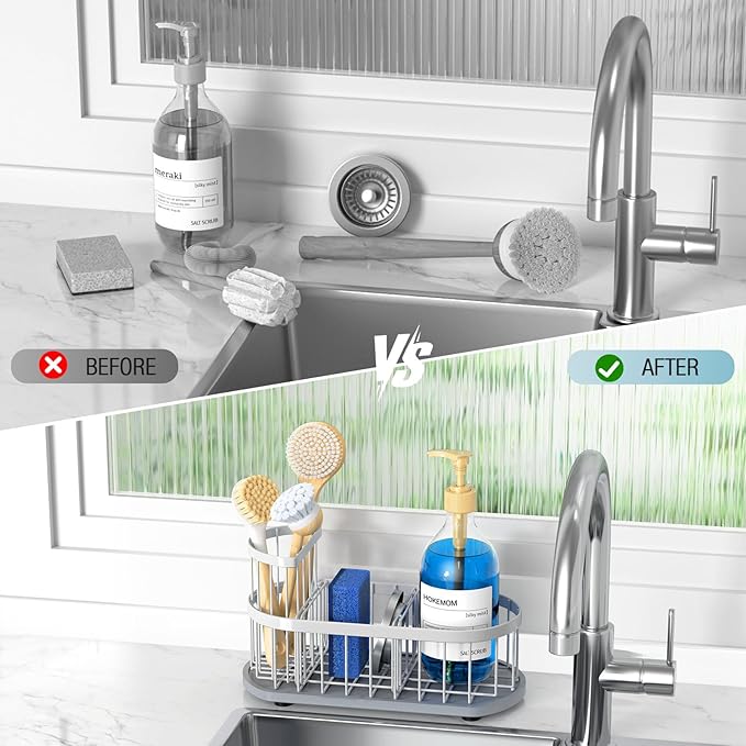 Sponge Holder for Kitchen Sink with High Brush Holder, [Stay-Dry Anywhere & No Drainage Needed] Rustproof Stainless Steel Kitchen Sink Caddy Organizer with Water Absorbing Stone Tray, White - Image 6