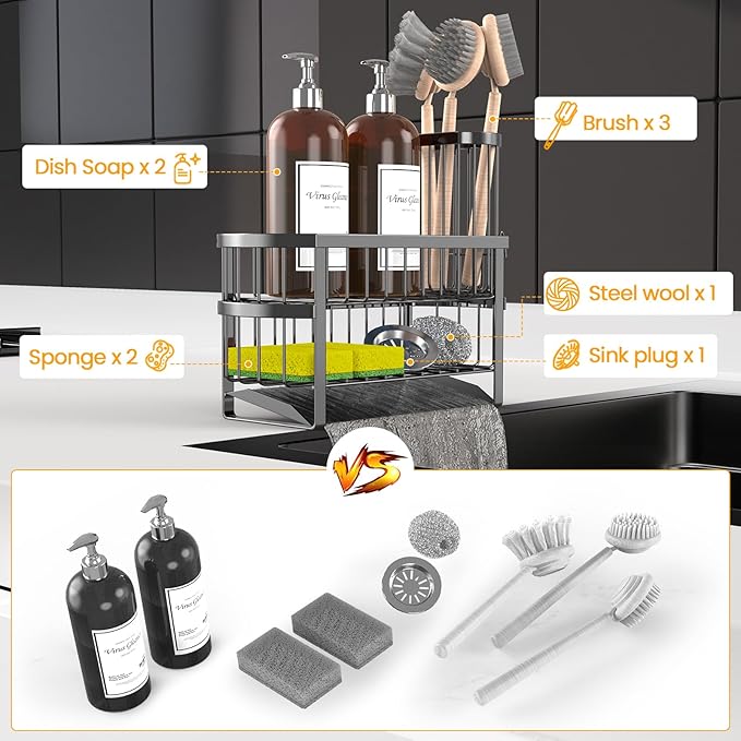 Kitchen Sink Organizer Caddy, 2 Tier Sink Caddy Organizer with High Brush Holder, Rust-Proof Countertop Rack (Black 10.6 * 4.3 * 5.7") for Kitchen Accessories & Dish Brushes - Image 4