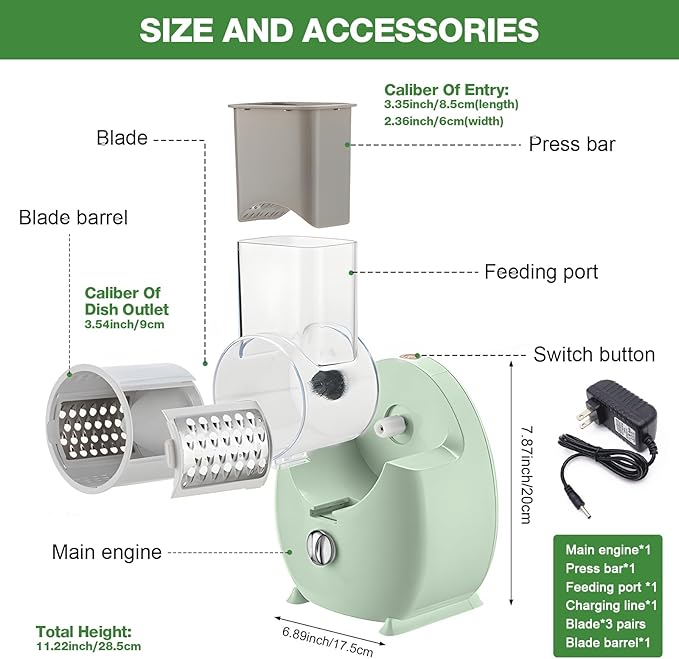 Electric Cheese Grater for Block Cheese - 3 in 1 Rotary Cheese Grater Electric Rotary Grater Salad Shooter Electric Slicer for Cheeses, Fruits, Vegetables and Nuts (Green, L)