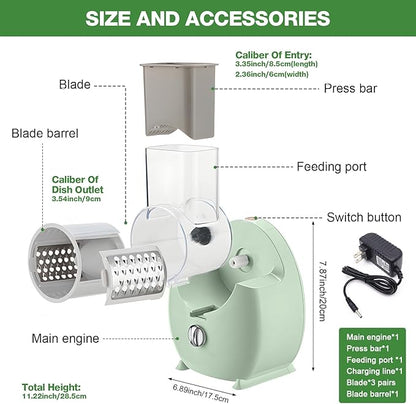 Electric Cheese Grater for Block Cheese - 3 in 1 Rotary Cheese Grater Electric Rotary Grater Salad Shooter Electric Slicer for Cheeses, Fruits, Vegetables and Nuts (Green, L)