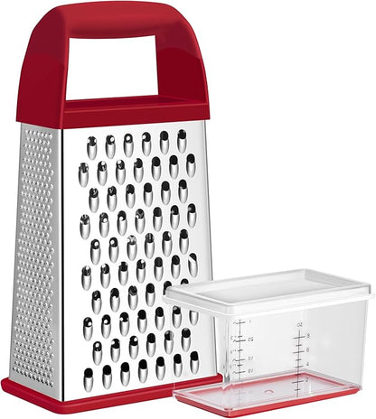 Urbanstrive Cheese Grater With Container, Professional Cheese Grater with Handle, Stainless Steel Graters for Kitchen Handheld, Box Grater with 4 Sides for Vegetables, Ginger, Potatoes (Red) by Urbanstrive