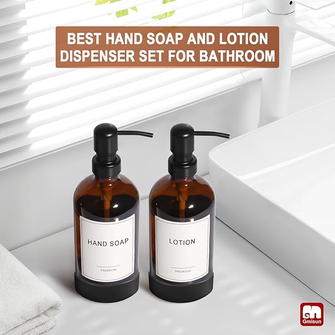 GMISUN Amber Glass Soap Dispenser with Silicone Sleeve Boot, 2 Pack Bathroom Hand Soap Dispensers with Pump, 17 Fl Oz Kitchen Hand and Dish Soap Dispenser Set, Liquid Soap Dispensers Bottle - Image 5