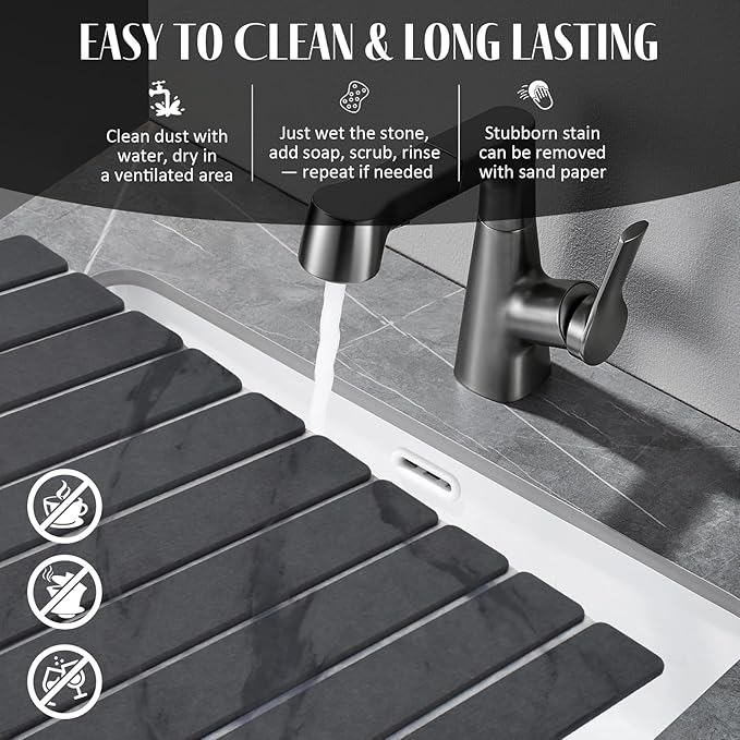 2 PCS Large Stone Dish Drying Mat for Kitchen Counter, 24"×16" Marble Dish Drying Mat with 8"x 4" Coasters, Non - Slip Collapsible Absorbent Mat for Multi - Purpose, Match Any Countertop【Dark Gary】 - Image 6