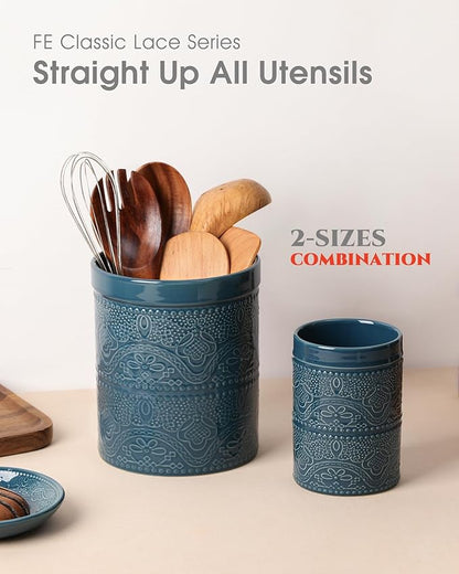 FUN ELEMENTS Kitchen Utensil Holder, 7.2+5.5" Super Large Utensil Crock Heavy and Stable Lace Emboss Ceramic Utensil Holder for Kitchen Counter(2Pcs Grayish Blue) - Image 5
