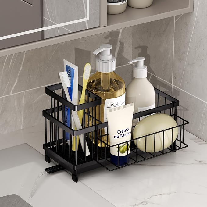 SWTYMIKI Sink Caddy Sponge Holder - Large Sponge Holder for Kitchen Sink with 360°Auto-Drain Tray, Rustproof Stainless Steel Kitchen Organizer Caddy for Countertop Organization - Image 4