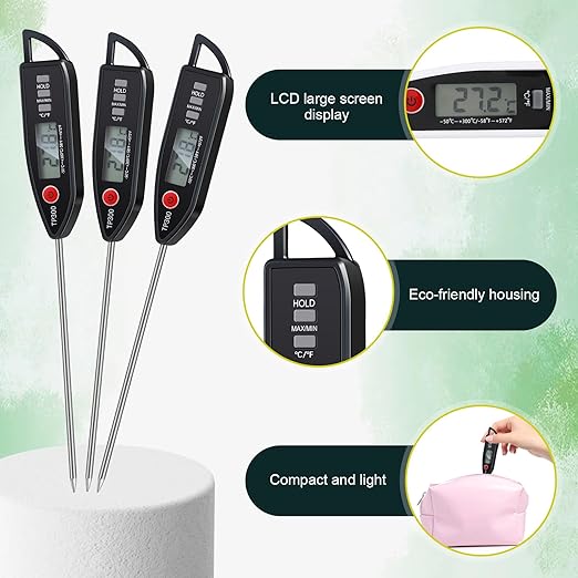 Copkim 3 Pcs Instant Read Meat Thermometer with Long Probe 9.65 Inch Kitchen Cooking Food Candy Waterproof Digital Thermometer for BBQ Water Milk Yogurt Liquid (Pointed,Black) - Image 3