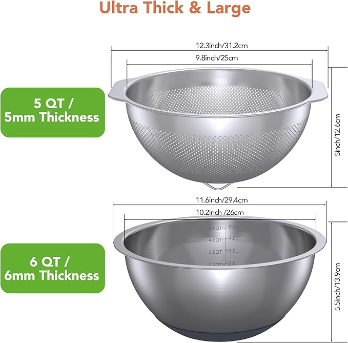 304 Stainless Steel Colander and Strainer, 5QT Large Capacity and 6QT Mixing Bowl, Micropore for Washing Rice, Fruit, and Cooked Pasta, Perfect Draining for Grain and Bean - Image 7