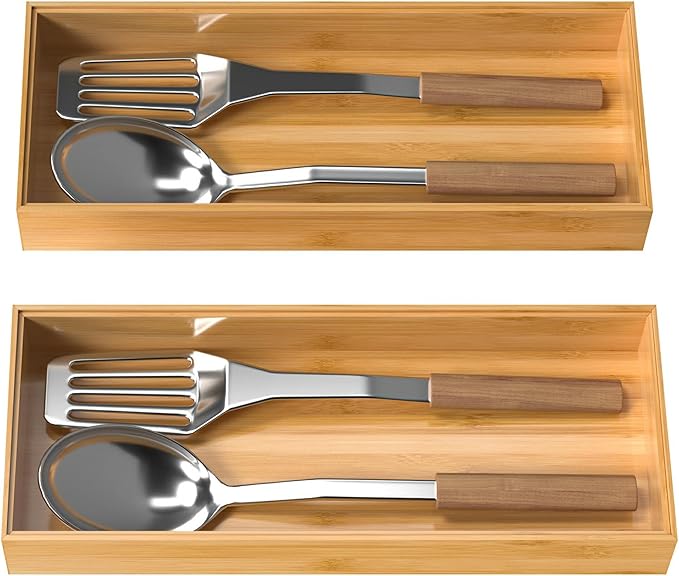 VeyFey Bamboo Drawer Organizer, Stackable Utensil Organizer for Kitchen, Bamboo Storage Box Wood Silverware Tray for Drawer 15" x 6" x 2" Set of 2 - Image 7