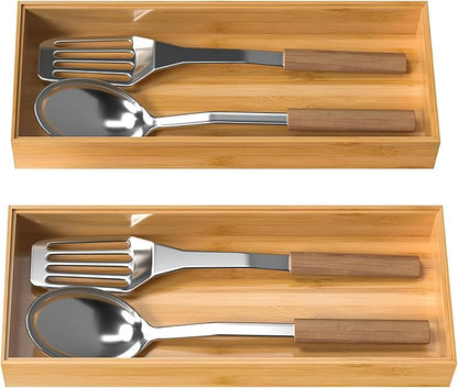 VeyFey Bamboo Drawer Organizer, Stackable Utensil Organizer for Kitchen, Bamboo Storage Box Wood Silverware Tray for Drawer 15" x 6" x 2" Set of 2 - Image 7