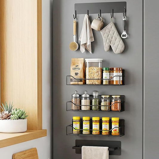 Magnetic Spice Rack for Refrigerator, 5 Pack Magnetic Fridge Organizer Shelves, Strong Magnetic Hold, No Drilling, Space Saving Storage Rack for Kitchen Spice Jars, Pantry & Refrigerator (Black)