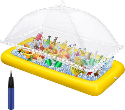 Leitee 3 Pcs Inflatable Serving Bar Kit Includes Salad Buffet Tray with Drain Plug Mesh Food Cover Food Drink Containers and Inflator for Ice Supplies Halloween Party Camping Picnic(Yellow)