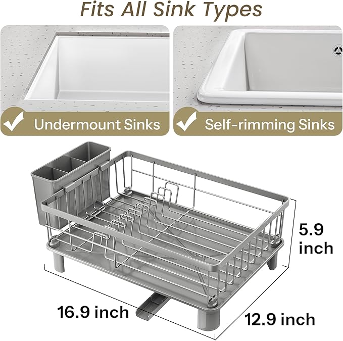 SNTD Dish Drying Rack - Small Dish Rack for Kitchen Counter, Stainless Steel Dish Drainer with Utensil Holder and Drainboard, 12.9" W x 16.9" L (Grey) - Image 2