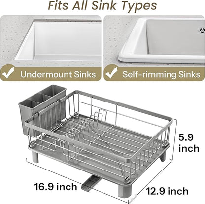 SNTD Dish Drying Rack - Small Dish Rack for Kitchen Counter, Stainless Steel Dish Drainer with Utensil Holder and Drainboard, 12.9" W x 16.9" L (Grey) - Image 2