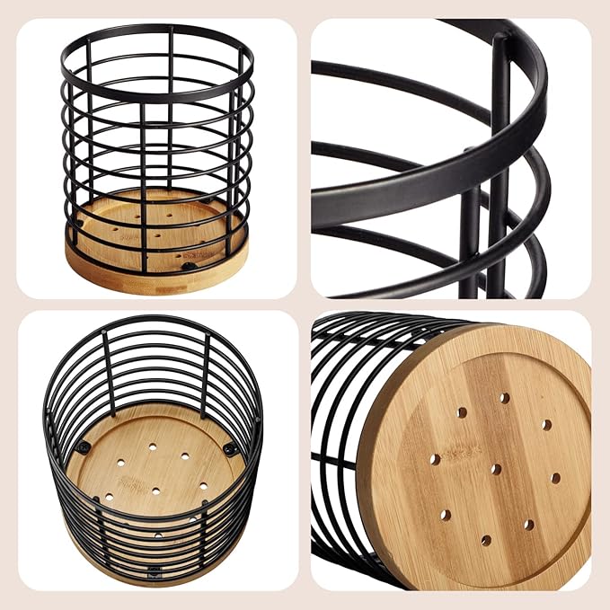 WDT Tool Utensil holder for Kitchen Counter - 5.2" x 5.2" x 6" Large Round with Wooden Base Matte Black Cooking Utensil Holder Utensil Organizer (Metal+Bamboo) - Image 3