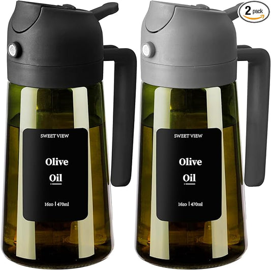 SWEET VIEW 2PCS Olive Oil Dispenser and Oil Sprayer – 16oz/470ml Glass Light-Proof Oil Pourer for Kitchen Air Fryer, Cooking, Salad, and BBQ, with Stickers by SWEETVIEW