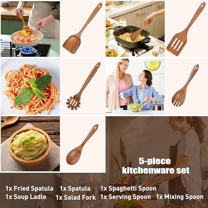 Wooden Spoons for Cooking - 5-Piece Wooden Kitchen Utensil Set made of Natural Solid Wood Material - Includes Salad Spoons, Spaghetti Spoon,Slotted Spatula, Salad Fork, Flat Spatula(A05) - Image 7