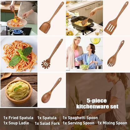 Wooden Spoons for Cooking - 5-Piece Wooden Kitchen Utensil Set made of Natural Solid Wood Material - Includes Salad Spoons, Spaghetti Spoon,Slotted Spatula, Salad Fork, Flat Spatula(A05) - Image 7