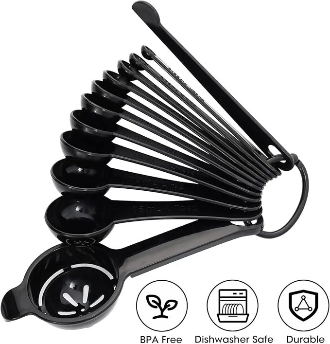 DOTINGHUX Measuring Spoons, Plastic Measuring Spoons Set with Egg Separator 12-Piece,Black
