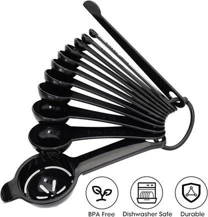 DOTINGHUX Measuring Spoons, Plastic Measuring Spoons Set with Egg Separator 12-Piece,Black