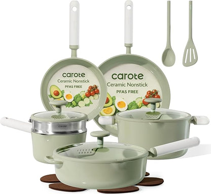CAROTE Pots and Pans Set Non stick, 15pcs Ceramic Cookware Set Nonstick Non Toxic Cookware,Dishwasher,RV/Camping Cookware Set,Green