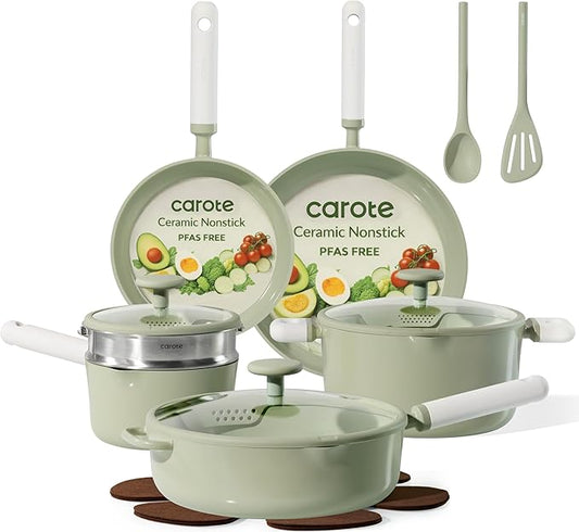 CAROTE Pots and Pans Set Non stick, 15pcs Ceramic Cookware Set Nonstick Non Toxic Cookware,Dishwasher,RV/Camping Cookware Set,Green