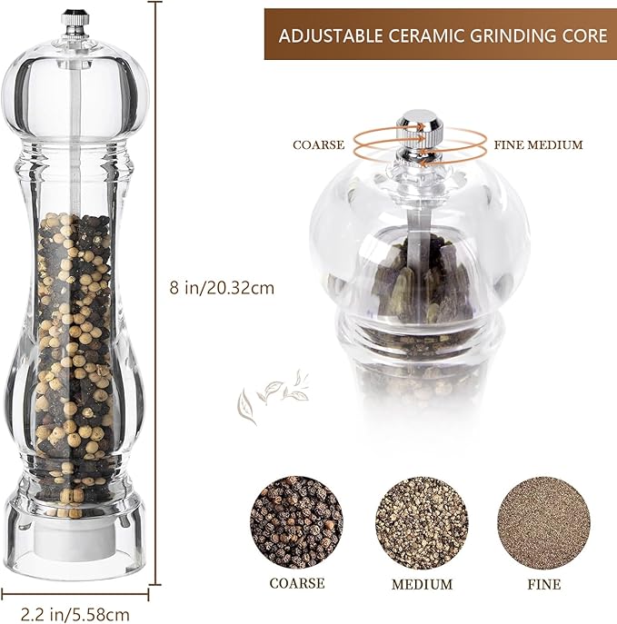 LHS Pepper Mill Grinder Set, 2Pcs Salt Grinder Peppercorn Grinders with Adjustable Coarseness-Clear - Image 3