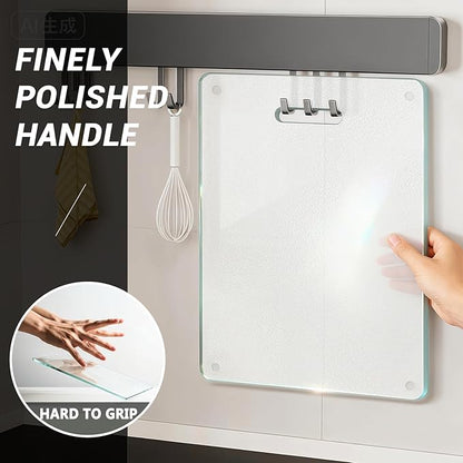 Tempered Glass Cutting Board for Kitchen Counter, 16"x12" Clear Chopping Board with Handle, Non-toxic, Plastic Free, Scratch Resistant, Heat Resistant, Dishwasher Safe, Easy to Clean