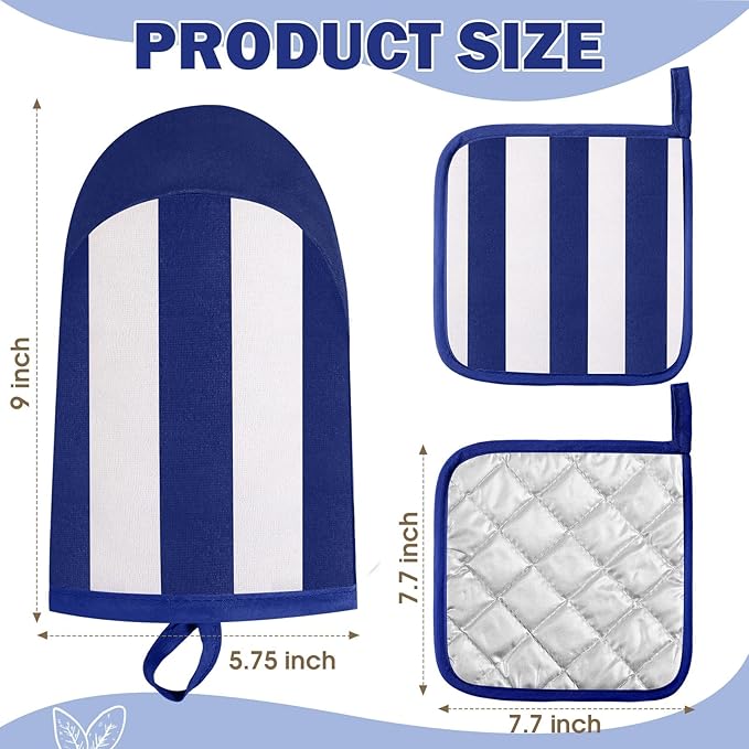 Reallnaive Oven Mitts and Pot Holders 4 Pcs Set for Kitchen, Stripe Cotton Oven Mitten Gloves Hot Pads Heat Resistant 500°f Outdoor Indoor Garden Baking Cooking BBQ Gift Hanging Loop, Beige (Blue) - Image 2