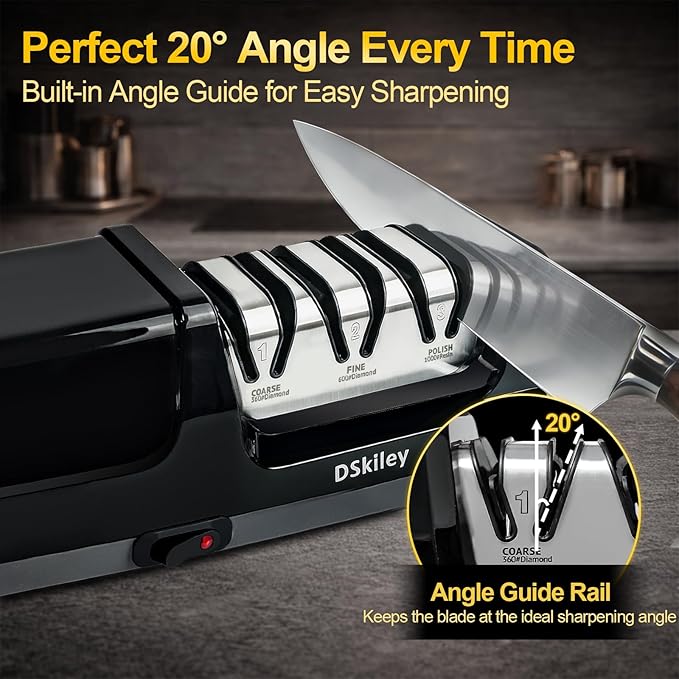 Electric Knife Sharpener for Kitchen – Professional 3-Stage 100% Diamond System with 20° Precision Angle, Fast Sharpening to Restore & Polish Chef Knives (Silver) - Image 4